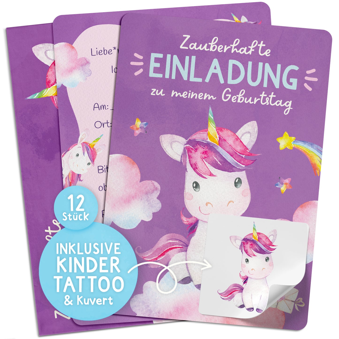 Einladungskarten mit Kindertattoos & Kuvert (12 Stück)